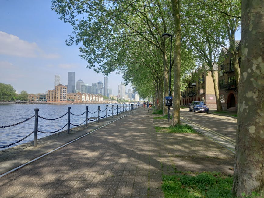 A scenic riverside walkway lined with tall, leafy green trees casting dappled shadows on the paved path. To the left, a black metal railing with chain links separates the promenade from the water, whi